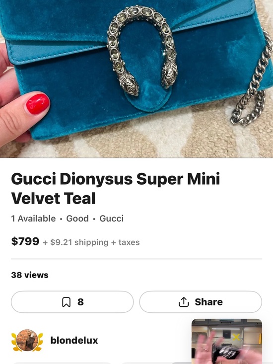 Gucci Handbags - Gucci Velvet Mini Dionysus Shoulder Bag in Teal
